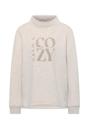 Hellgrauer Sweatshirt mit hohem Kragen, das den Text "CALM & COZY" in einem strukturierten, metallischen Finish zeigt. Weicher, glatter Stoff.