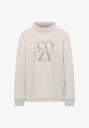 Lichtgrijze sweatshirt met een hoge kraag, met de tekst "CALM & COZY" in een gestructureerde, metallic afwerking. Zachte, gladde stof.