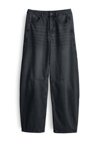 Pantaloni in denim nero con vestibilità rilassata, dotati di chiusura a bottone, passanti per cintura, due tasche anteriori e una superficie liscia.