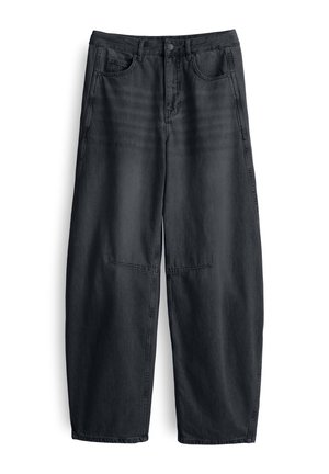 Schwarze Jeans mit lockerer Passform, Knopfverschluss, Gürtelschlaufen, zwei Fronttaschen und einer glatten Textur.