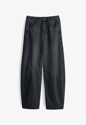 Zwarte denim broek met een losse pasvorm, voorzien van een knoopsluiting, riemlussen, twee voorklauwen en een gladde textuur.