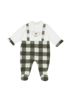 Combi-pilote pour bébé à carreaux blancs et gris avec pantalon à pieds, manches longues et écureuils brodés sur la poitrine avec des bretelles boutonnées.