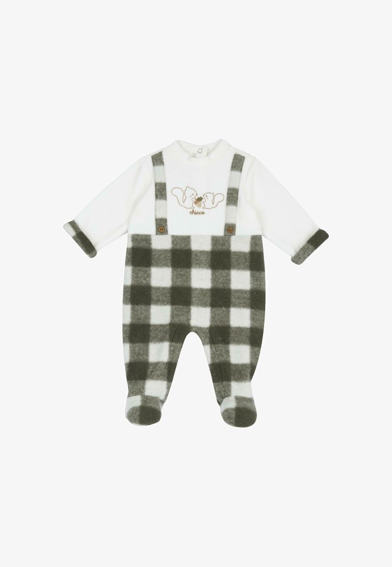 Combi-pilote pour bébé à carreaux blancs et gris avec pantalon à pieds, manches longues et écureuils brodés sur la poitrine avec des bretelles boutonnées.