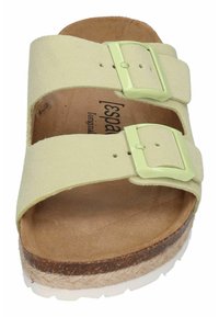 Light green suede slide sandal with two adjustable buckles, cork midsole, and textured brown platform. Smooth footbed with visible logo.