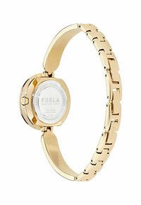 Reloj de pulsera de metal dorado con caja redonda, diseño de pulsera de eslabones y acabado pulido. Presenta un logo en la parte posterior y resistencia al agua de 5 ATM.
