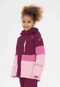 Winterjack van bordeauxrood en roze, met een ritssluiting op de borstzak, capuchon en een gestructureerde stof met een kleurblokontwerp.