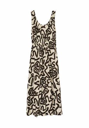 Krems krāsas bez piedurknēm tērps ar abstraktiem brūniem rakstiem. Iespējas ietver pieguļošu vidukli un plūstošu svārku. Izgatavots no viegla auduma.