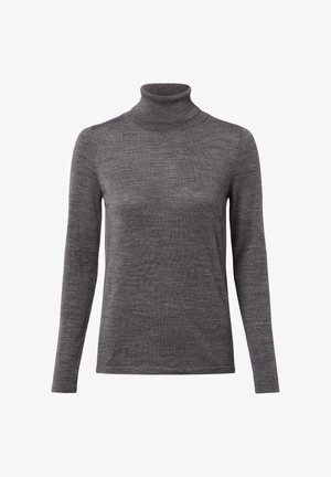 Maglione grigio a collo alto con maniche lunghe. Realizzato in un morbido tessuto a maglia testurizzata. Presenta una silhouette aderente e un colletto a coste alto.