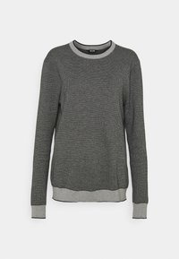 Gestrickter Pullover in Grautönen mit einem strukturierten Muster. Hat lange Ärmel, einen runden Ausschnitt und gerippte Bündchen und Saum.