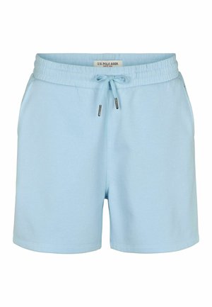 Jasnoniebieskie casualowe szorty z elastycznym pasem i sznurkiem do regulacji, z metką U.S. Polo Assn. na środku.