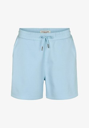 Jasnoniebieskie casualowe szorty z elastycznym pasem i sznurkiem do regulacji, z metką U.S. Polo Assn. na środku.