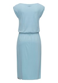 Hellblaues, kurzärmliges Kleid aus weichem Material, mit legerer Passform, elastischem Bund und Rundhalsausschnitt. Dezentes Markenlogo auf der Rückseite.