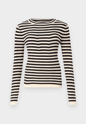 Schwarz-weiß gestreifter, langärmeliger Pullover aus Rippmaterial mit Rundhalsausschnitt und figurbetonter Silhouette.