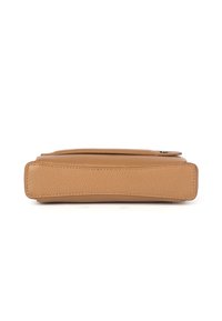 Tan leather handbag with a smooth texture, rectangular shape, and zip closure. Features subtle stitching and a minimalist design.