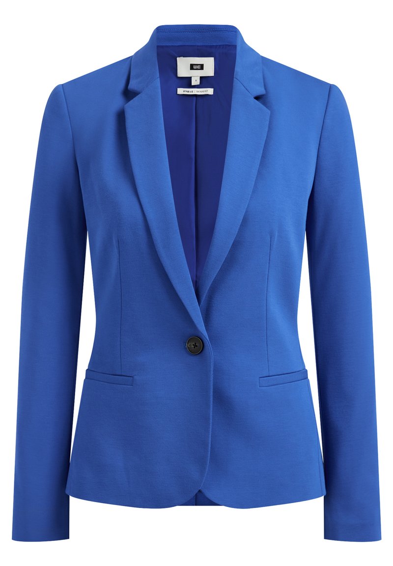 Royalblauer Blazer aus leichtem Material mit einem einzigen Knopfverschluss, breiten Revers und zwei vorderen Taschen. Glatte Textur.