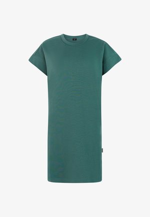 Krátke rukávy, okrúhly výstrih, tmavozelené neformálne šaty so strihom na rovno a malou značkovou nálepkou na bočnom šve.