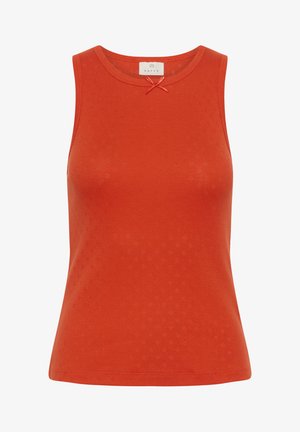 Top roșu fără mâneci, realizat dintr-un material moale, cu un decolteu rotund și un detaliu cu fundiță mică în față. Model texturat subtil pe întreaga suprafață.