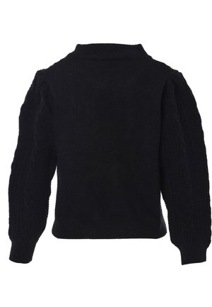Black sweater with a high neckline and puffed sleeves. Features ribbed cuffs and textured cable knit detailing on the sleeves. Soft material.