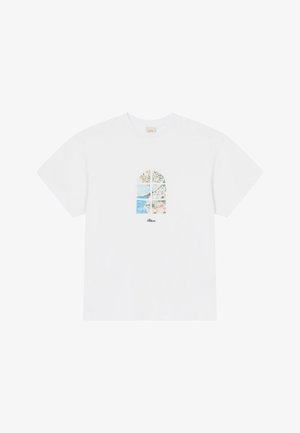 White short-sleeve t-shirt with a colorful window graphic featuring landscapes and trees. Text beneath the graphic reads "Altar."