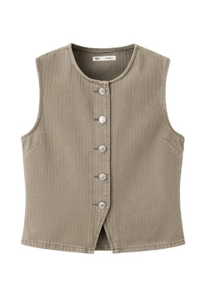 Gilet sans manches en coton beige avec encolure ronde, cinq boutons métalliques sur le devant et des détails subtils de couture à l'avant.