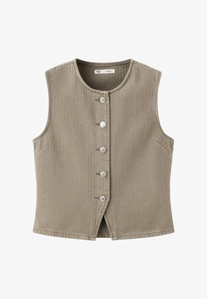 Ærmeløs beige bomuldsvest med rund halsudskæring, fem metal knapper foran og subtile syningsdetaljer foran.