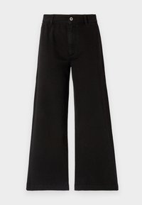 Pantalones de pierna ancha negros de algodón, con cierre de botón, bolsillos frontales y costuras limpias. Las piernas se ensanchan uniformemente desde la cintura.