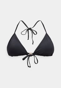 Μαύρο μαγιό τοπ τρίγωνο με ρυθμιζόμενους δεσίματα στον λαιμό και την πλάτη, με μικρό μεταλλικό κούμπωμα στο κέντρο μπροστά.