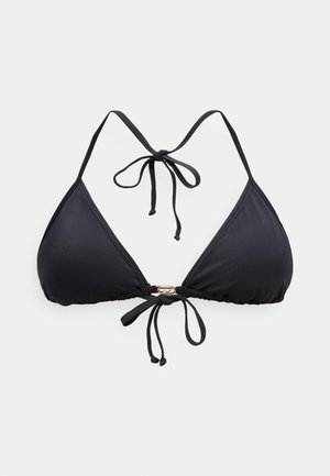 Schwarzes Bikini-Oberteil in Dreieckform mit verstellbaren Nacken- und Rückbändern, ausgestattet mit einem kleinen Metallverschluss in der vorderen Mitte.