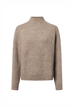 Pull col roulé beige en maille côtelée, à manches longues et à coupe décontractée, présentant une texture subtile et sans fermetures visibles.