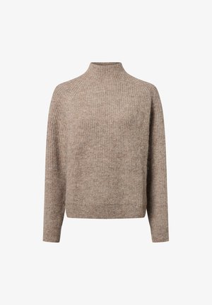 Pull col roulé beige en maille côtelée, à manches longues et à coupe décontractée, présentant une texture subtile et sans fermetures visibles.