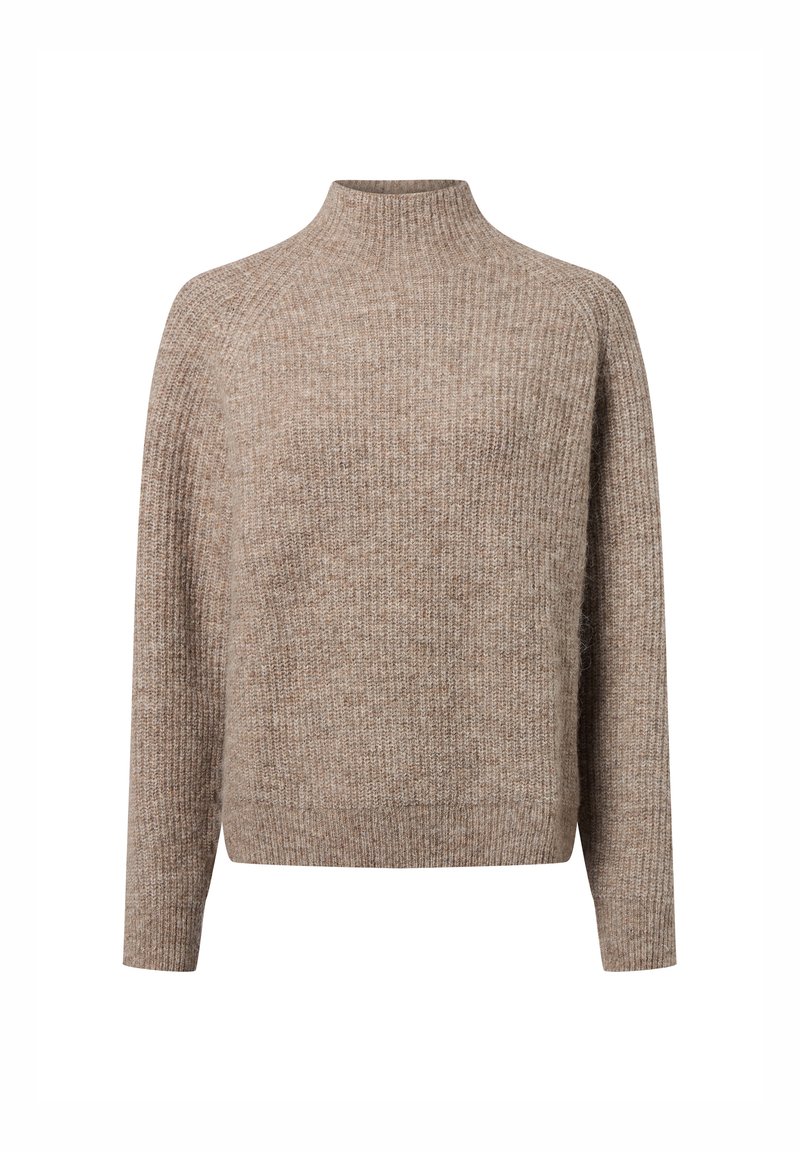 Beiger, gerippter Rollkragenpullover mit langen Ärmeln und lockerem Sitz, der eine feine Textur aufweist und keine sichtbaren Verschlüsse hat.