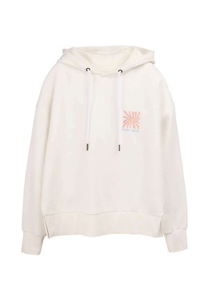 Sweat à capuche blanc avec poche avant, cordons de serrage et petite broderie de fleur rose avec le texte « TEDDY SMITH » sur la poitrine.