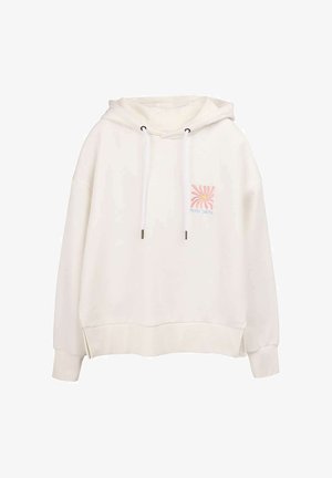 Sweat à capuche blanc avec poche avant, cordons de serrage et petite broderie de fleur rose avec le texte « TEDDY SMITH » sur la poitrine.