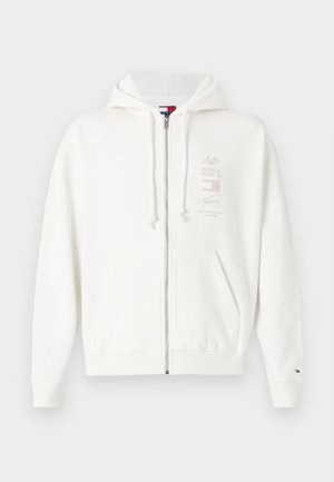 Λευκή ζακέτα με φερμουάρ από απαλό βαμβάκι, με καγκουρό τσέπη, κουκούλα με κορδόνι και ελαφρύ λογότυπο εκτύπωσης στο στήθος.