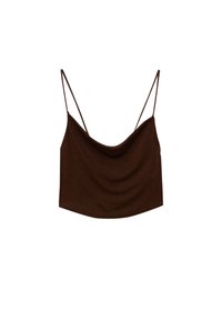 Donkerbruin mouwloos crop top met dunne spaghettibandjes en een gedrapeerde halslijn op een witte achtergrond.