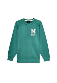 Tyrkysová mikina s okrúhlym výstrihom, dlhými raglánovými rukávmi a rebrovanými manžetami. Na prednej strane je biele písmeno "M" a logo. Mäkká textúra látky.
