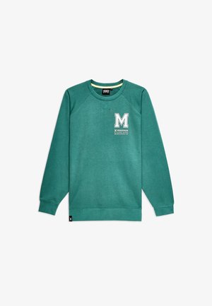 Tealowa bluza z okrągłym dekoltem, długimi rękawami raglanowymi i ściągaczami. Z przodu znajduje się biała litera "M" oraz logo. Miękka tkanina.