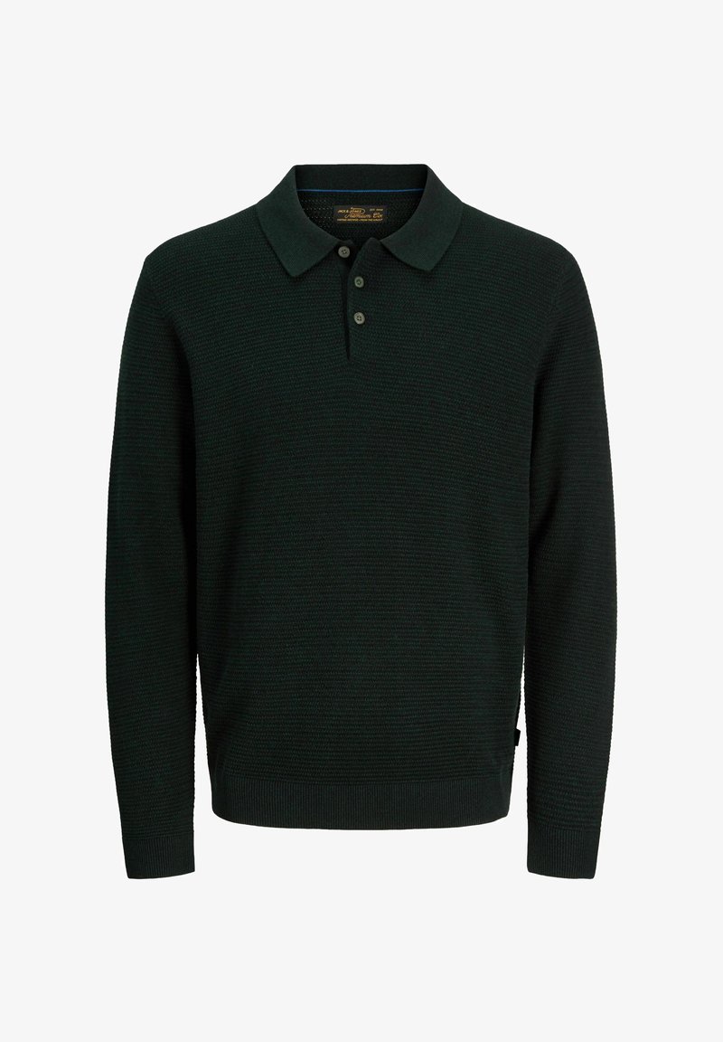 Pull polo vert foncé à manches longues avec trois boutons et poignets et ourlet côtelés, présenté sur fond blanc.