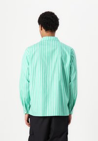 Camisa às riscas verdes e brancas, mangas longas, colarinho clássico, punhos abotoados, feita de tecido leve. Vista traseira exibida.