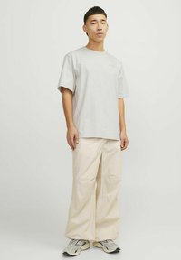 Light gray short-sleeve t-shirt paired with cream-colored cargo pants, featuring a relaxed fit and subtle stitching details.