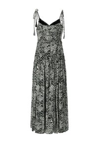 Juoda ir balta be rankovių maxi suknelė su abstrakčiu raštu, surišamomis petnešėlėmis, prigludusiu bodžio viršumi ir laisvai krentančia sijono dalimi.