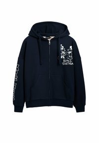 Marinefarbener Zip-Hoodie aus Baumwollmischung mit Fronttaschen, weißem Grafikdruck von Charakteren und dem Text "BESSER ZUSAMMEN" auf der Brust und dem Ärmel.