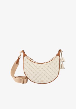 Hobo-Tasche aus cremefarbenem, strukturiertem Material mit braunen Lederakzenten. Verfügt über ein sich wiederholendes Muster, goldfarbene Beschläge und dekorative Quasten.