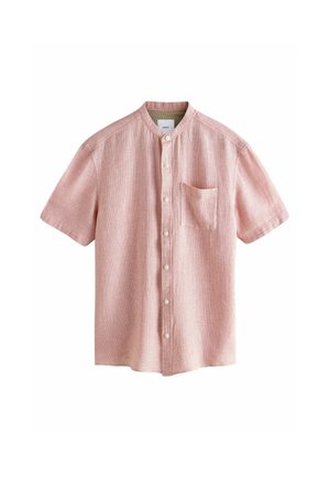Camicia a maniche corte con colletto in tessuto rosa chiaro con una leggera trama, dotata di taschino anteriore e chiusura a bottoni.