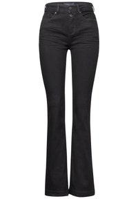 Pantalones de mezclilla negros acampanados, con cintura alta, cierre de botón en la parte delantera y detalles de costura sutiles. Textura suave con un corte clásico.