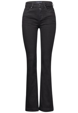 Jeans neri a gamba larga realizzati in denim, caratterizzati da un'alta vita, chiusura frontale con bottone e dettagli di cucitura sottili. Texture liscia con una vestibilità classica.