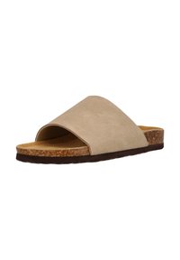 Beige schuif sandaal met een suede bovenkant en een kurken voetbed. Open teenontwerp, platte zool, met een getextureerde bruine loopzool.
