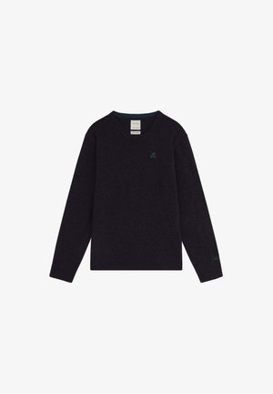 Pull bleu marine foncé en tissu doux, avec des manches longues, un col rond et un petit logo de skull turquoise sur la poitrine.