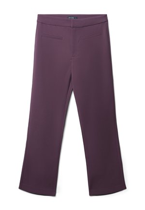 Purple wide-leg trousers with a smooth texture, featuring a flat front, two back pockets, and a tailored waistband.