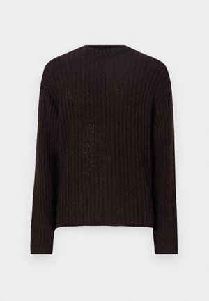 Brun stickad tröja med ribbat mönster, rund halsringning och långa ärmar. Har växelvis öppet och fast stickningsmönster.